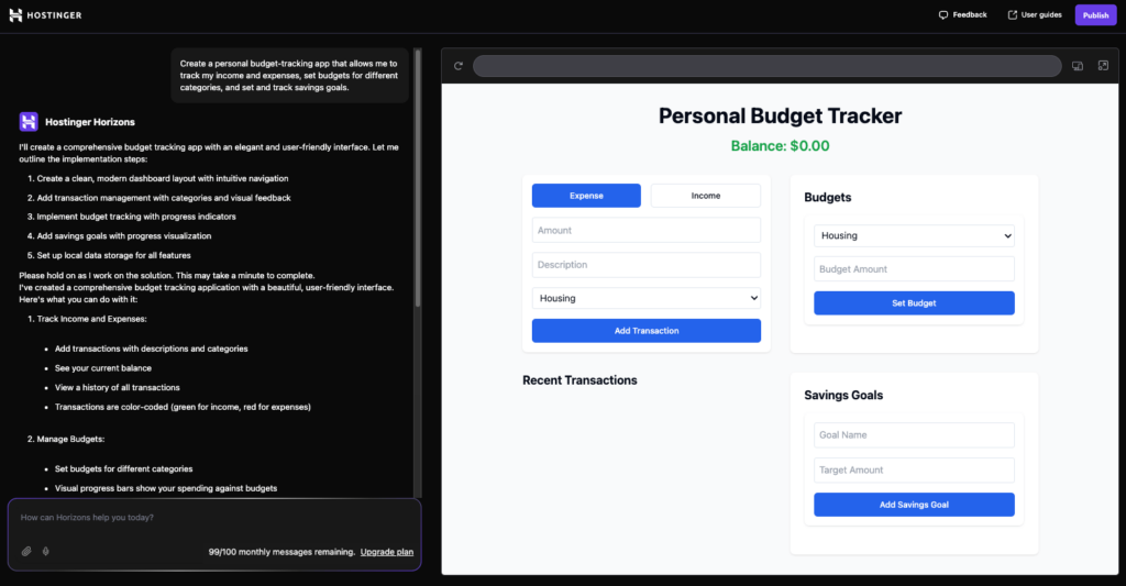 the first version of the budget-tracking web app generated by hostinger horizons