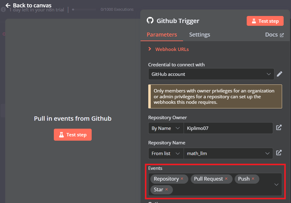 Configuring the GitHub trigger node with Events