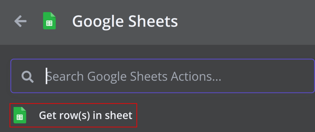 n8n action menu showing Google Sheets actions with "Get row(s) in sheet" highlighted