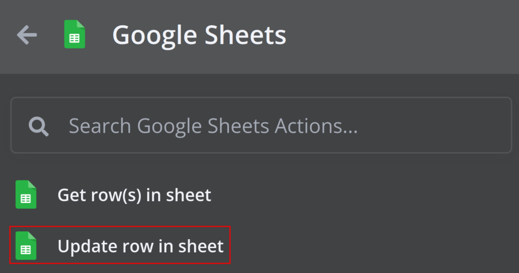 n8n action menu showing Google Sheets actions with "Update row in sheet" highlighted