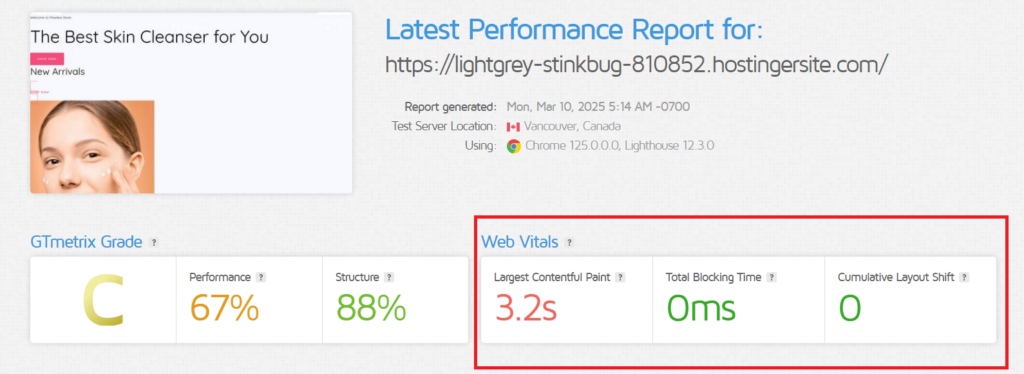 Performance report showing a C grade, with performance at 67%, a largest contentful paint of 3.2s, and zero blocking time.