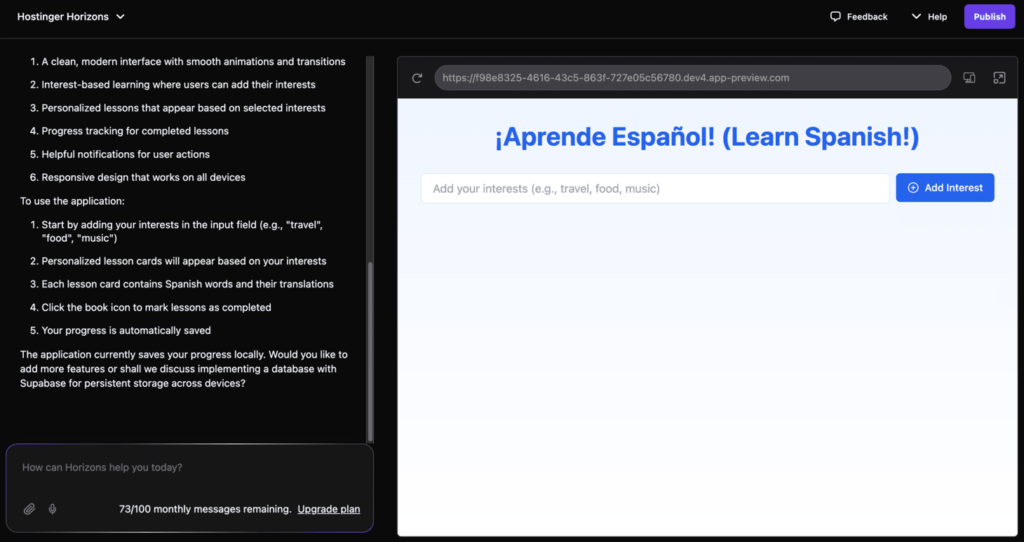 Working panel within Hostinger Horizons