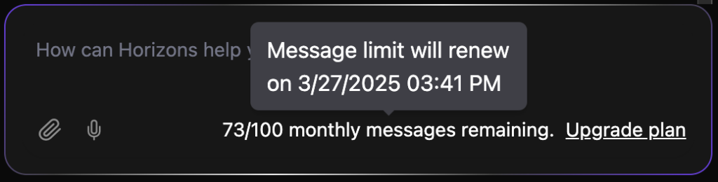 Message limit popup within working panel