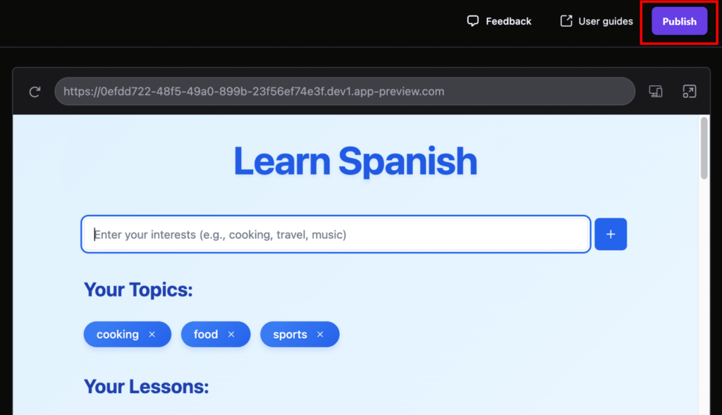 Hostinger Horizons interface with Publish button highlighted