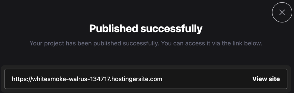 Hostinger Horizons successful publishing notification