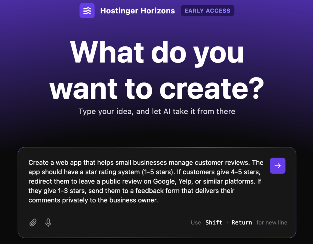 Hostinger Horizons start page with example prompt