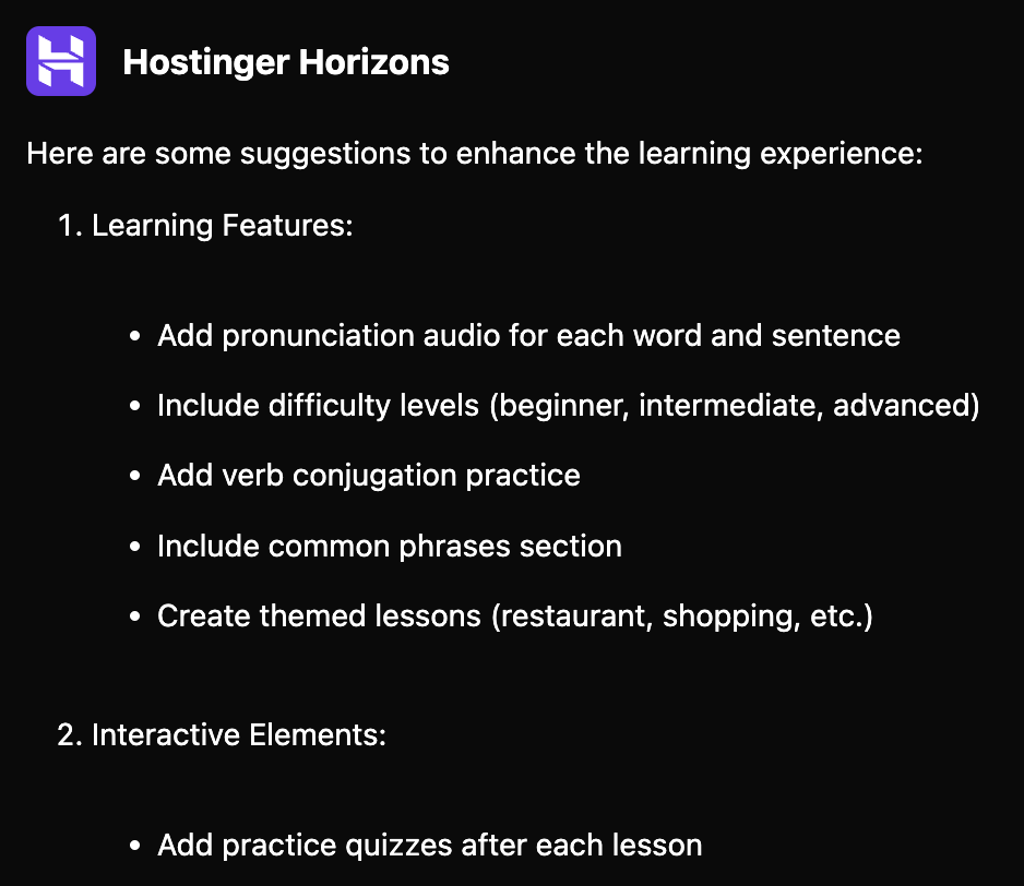 Chat box within Hostinger Horizons showing suggestions for improvement