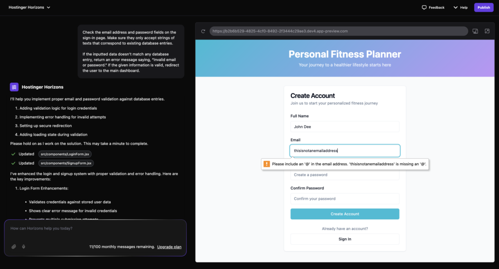 Hostinger Horizons adds an error logic