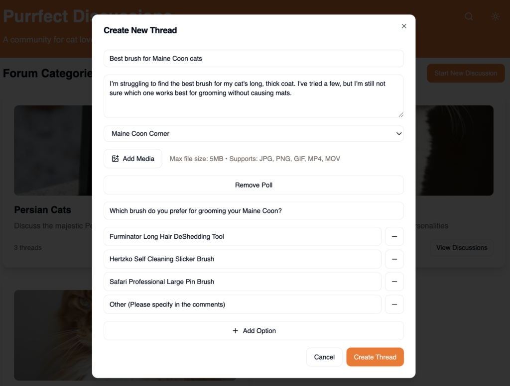 Adding a new poll when creating a thread in my community web app