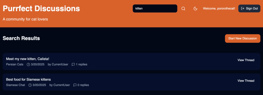 The search results page of my community web app with the Sign Out button