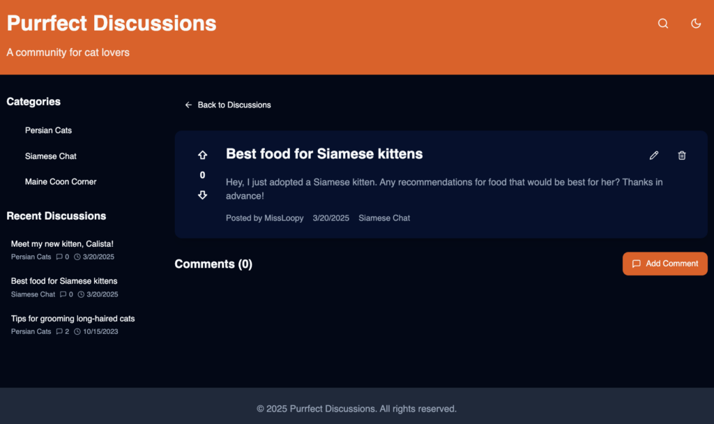 The thread page with night mode in my community web app