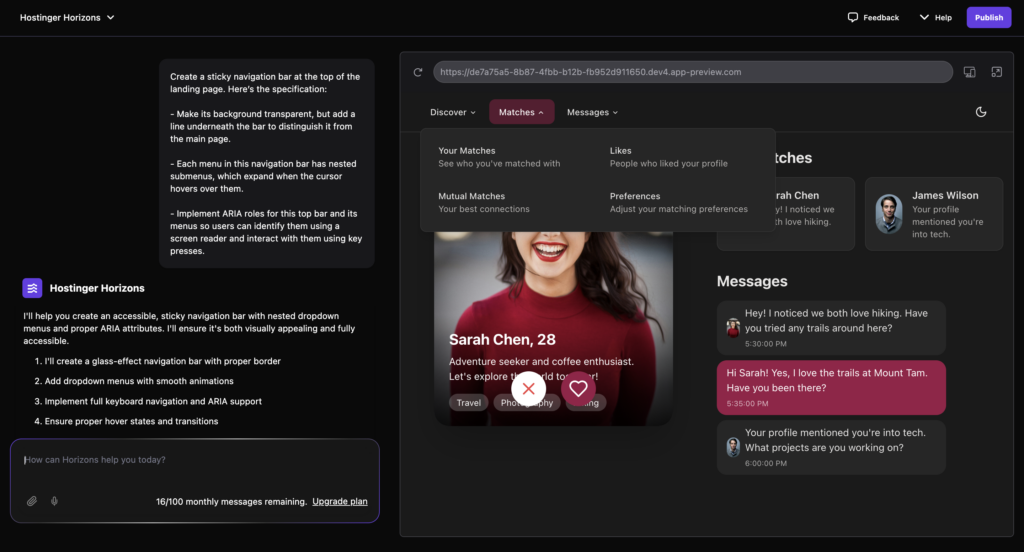 Hostinger Horizons creates a proper navigation bar