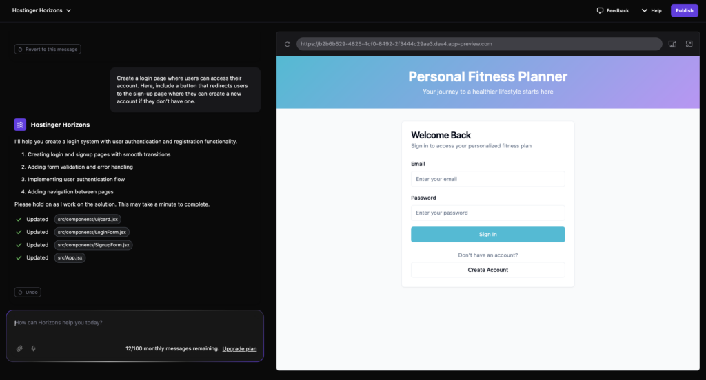 Hostinger Horizons creates a web app login page