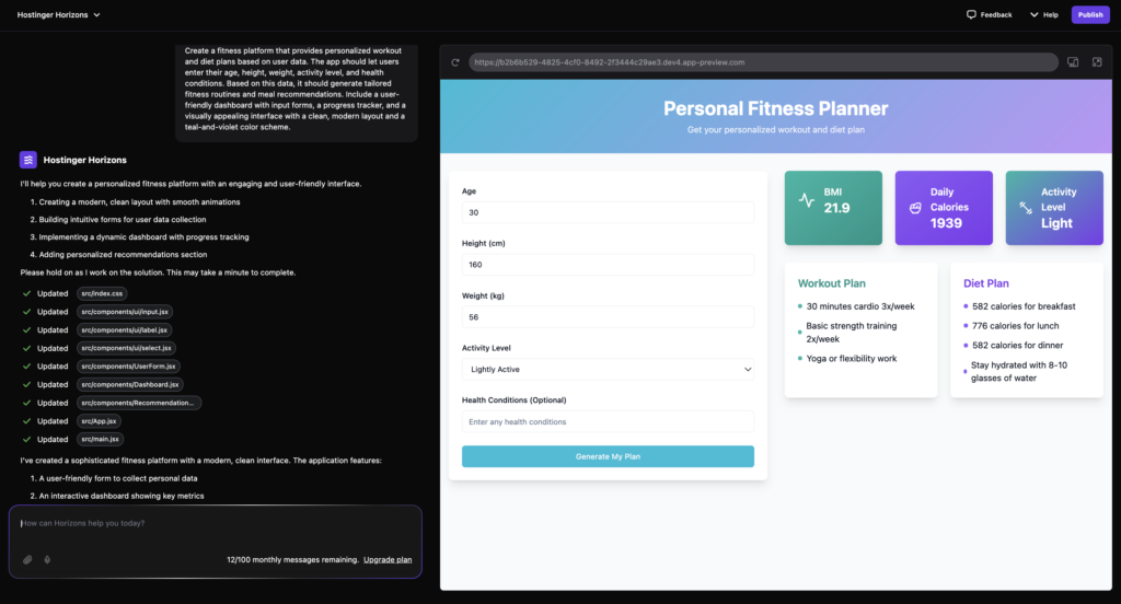 The Hostinger Horizons project dashboard