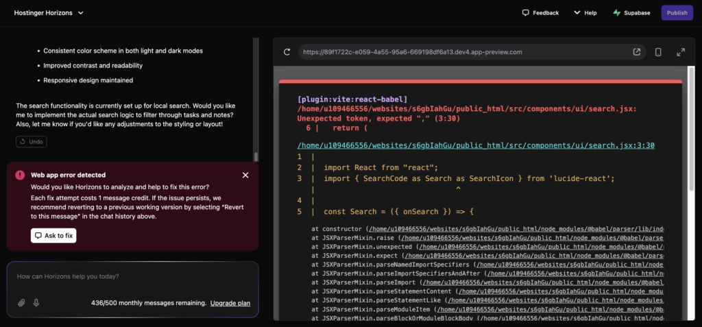 An example of an error message in Hostinger Horizons