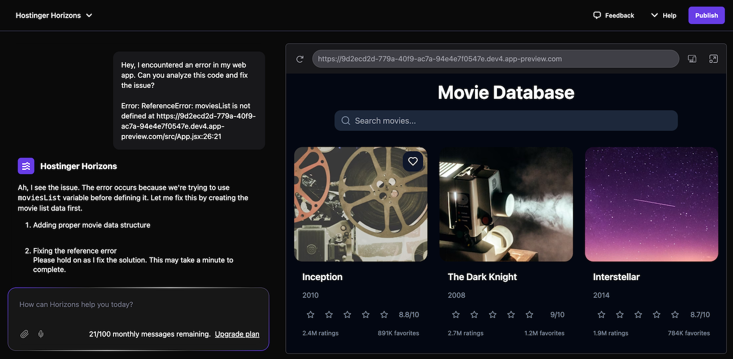 Hostinger Horizons fix the given error message