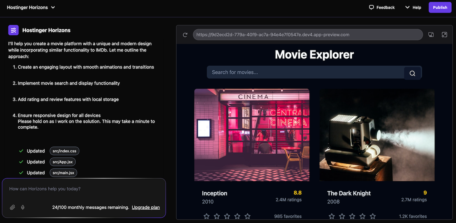 Hostinger Horizons generates a web application using another platform as inspiration