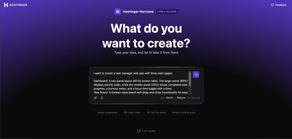 Hostinger Horizons initial page with a prompt example