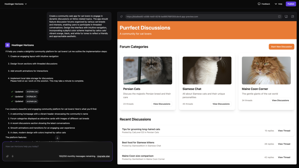 The main interface of Hostinger Horizons