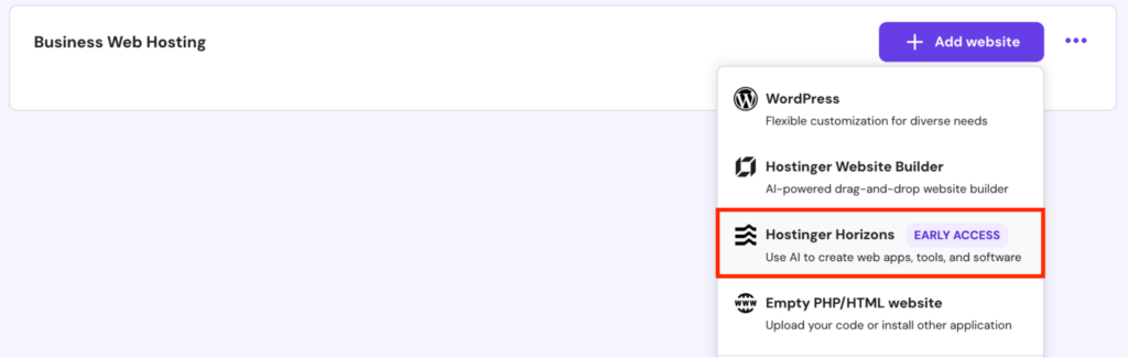 The Hostinger Horizons option highlighted on hPanel Website List menu
