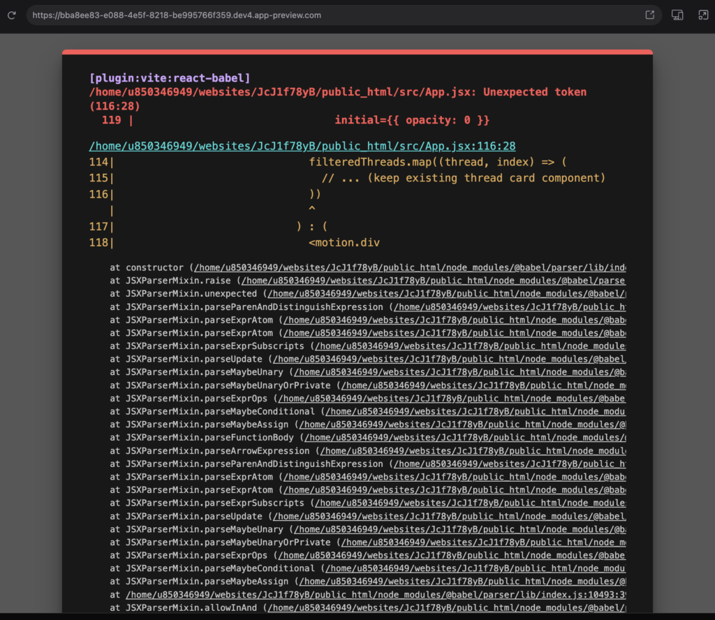 The preview error in Hostinger Horizons for my community web app