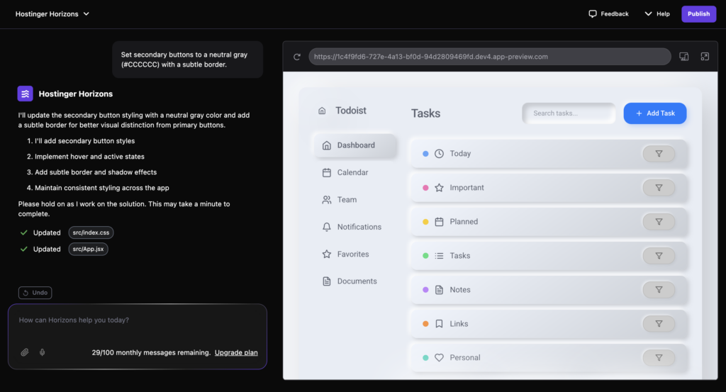 Asking Hostinger Horizons to specify the primary and secondary button styles in prompts