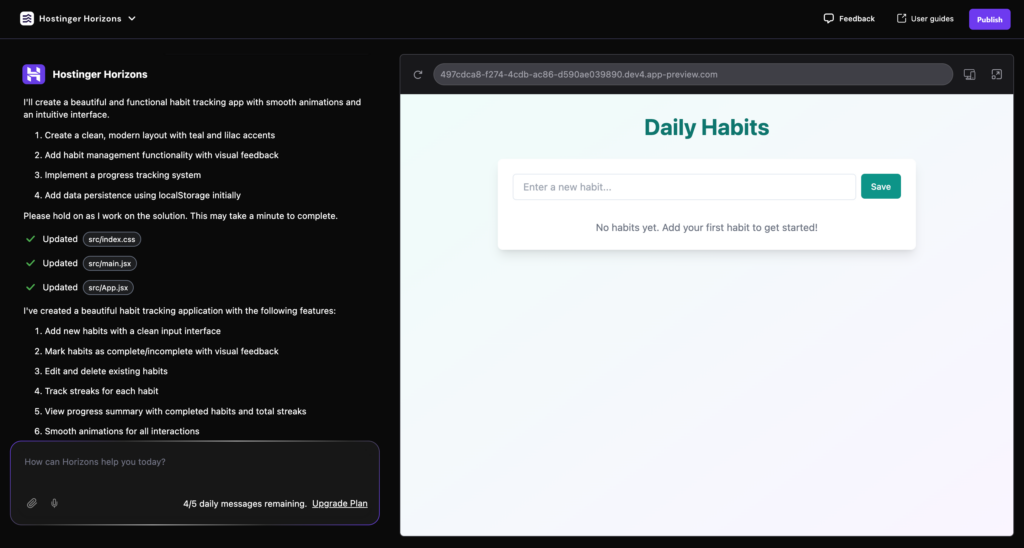 Hostinger Horizons' main project area with prompt window visible