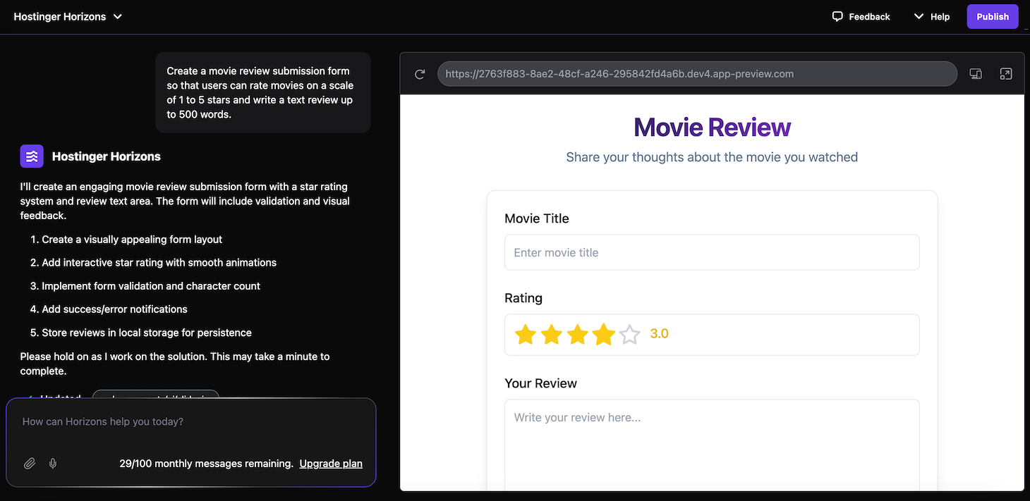 A prompt to demonstrate how to break down complex ideas when using Hostinger Horizons