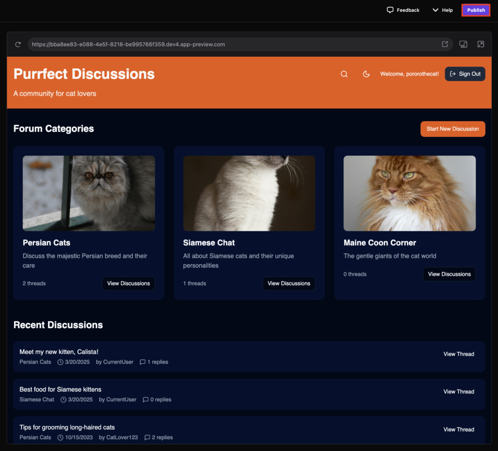 The Publish button in Hostinger Horizons