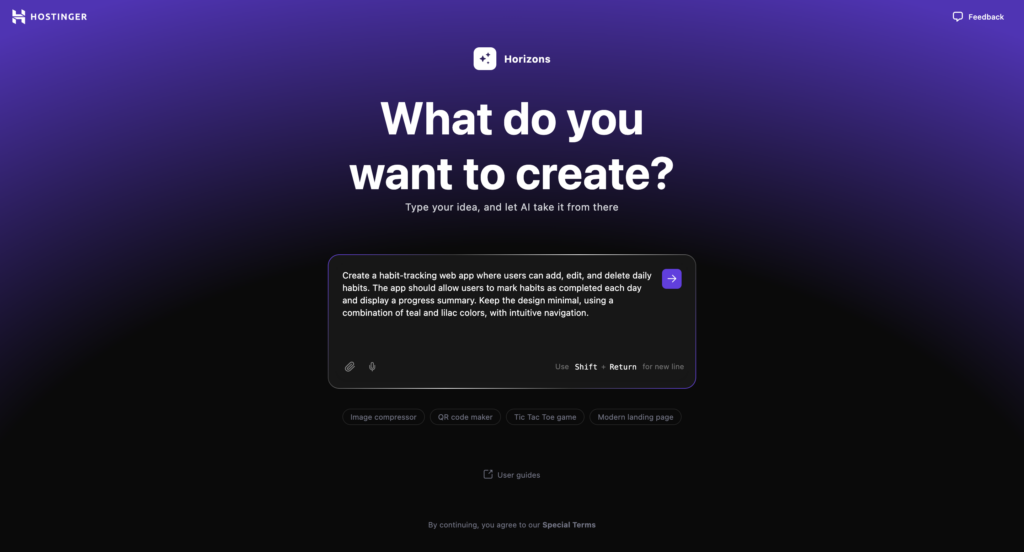 Hostinger Horizons' start screen with the first prompt