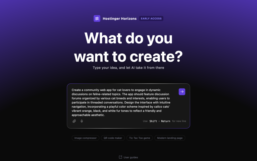 The Hostinger Horizons startup screen