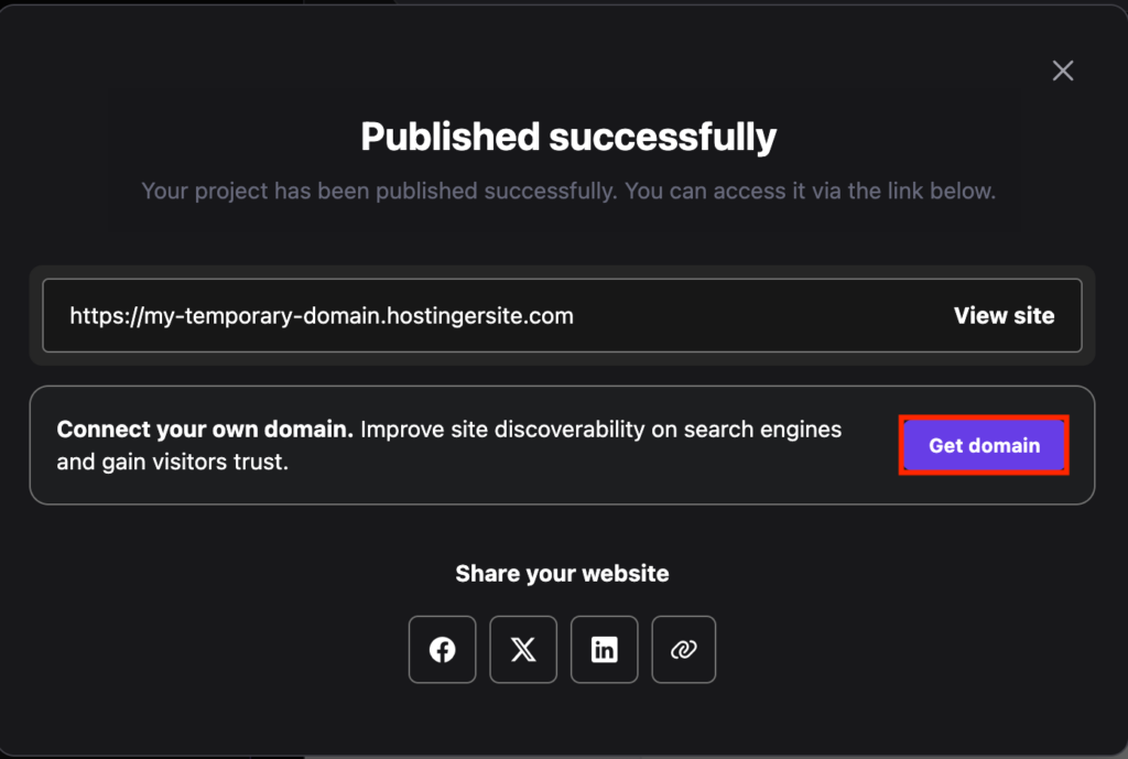 Hostinger Horizons successful deployment confirmation message