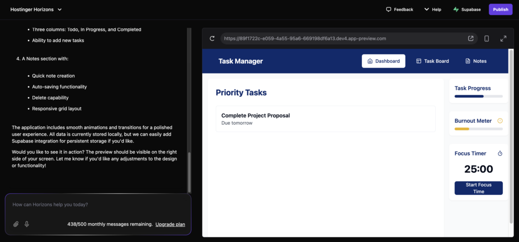 The first iteration of a custom task manager web app created with Hostinger Horizons