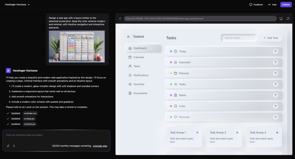 Uploading a screenshot to a prompt in Hostinger Horizons