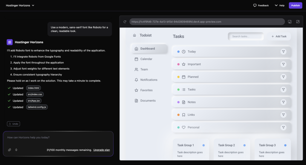 Asking Hostinger Horizons to use the Roboto font in a prompt