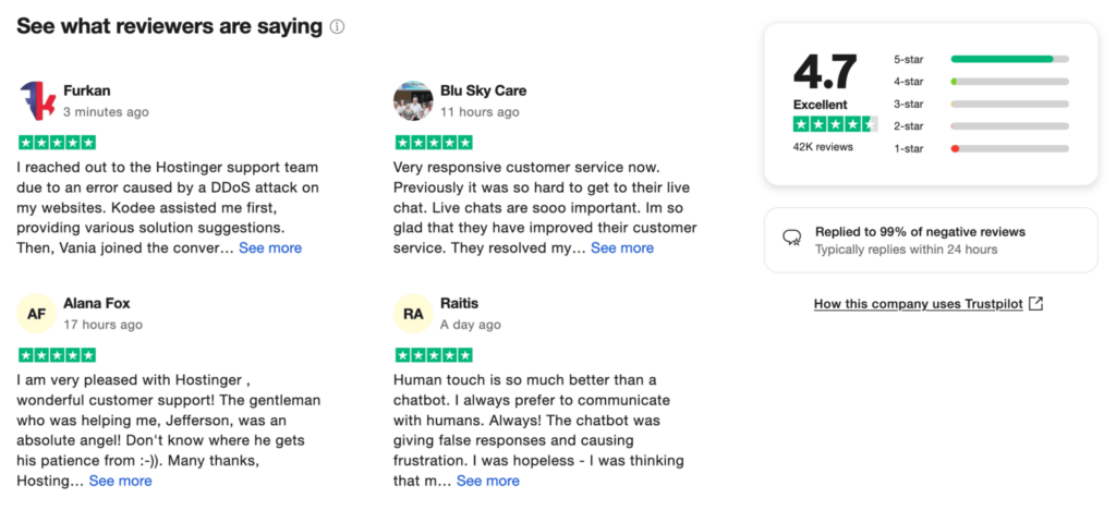 Hostinger reviews on Trustpilot