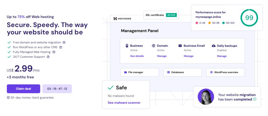 The speed test interface on Hostinger's web hosting landing page featuring download and upload speed measurements.
