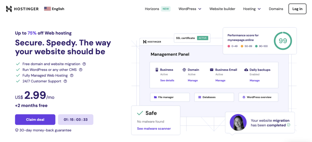 Hostinger's web hosting plan details
