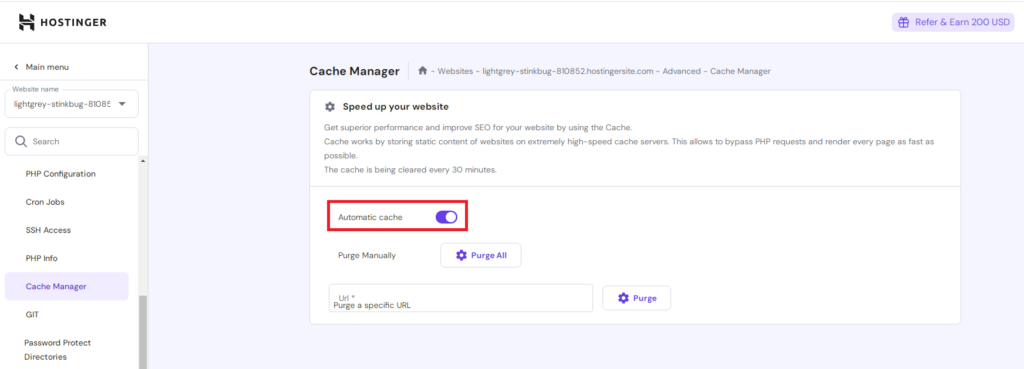 A Hostinger's panel featuring Cache Manager, highlighting the "Automatic cache" toggle and options for manual cache purging.