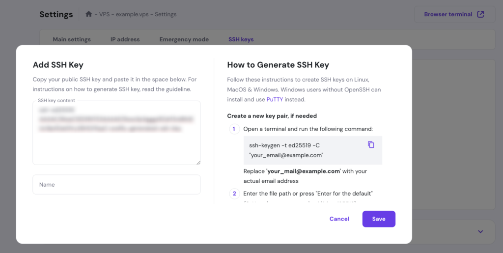 The Add SSH Key pop-up dialog in hPanel's VPS