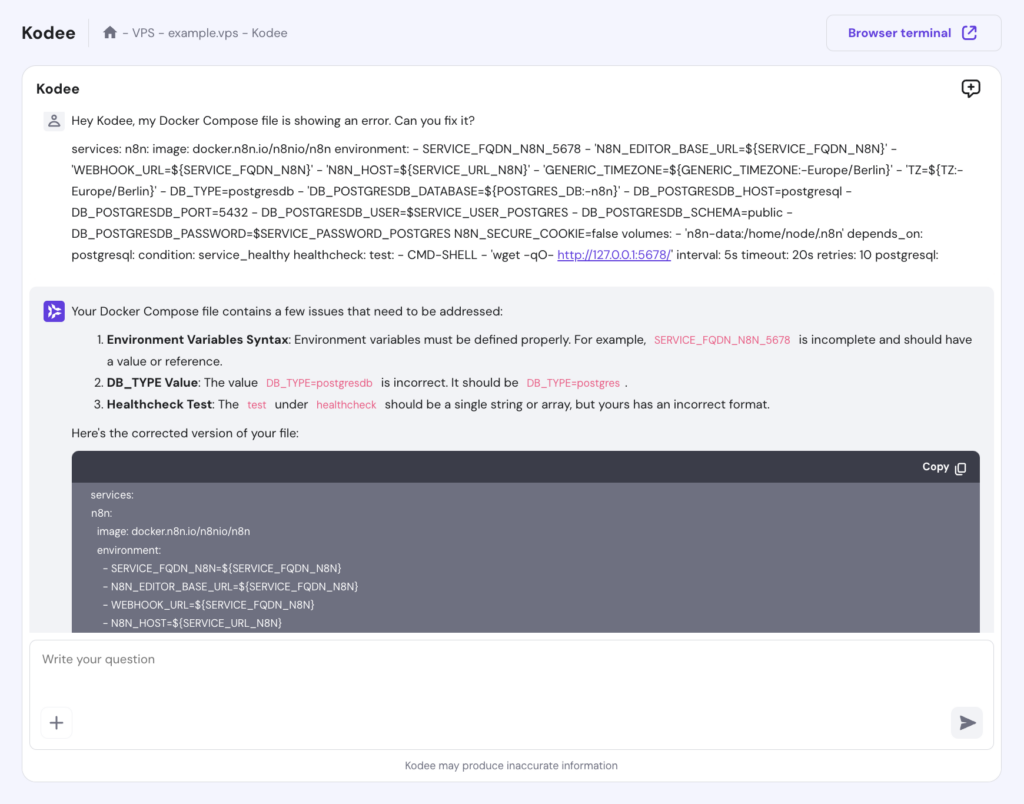 Kodee AI Assistant responds to a question in hPanel's VPS