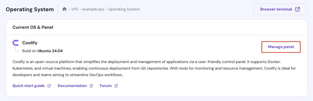 The Manage panel button for Coolify in hPanel's VPS
