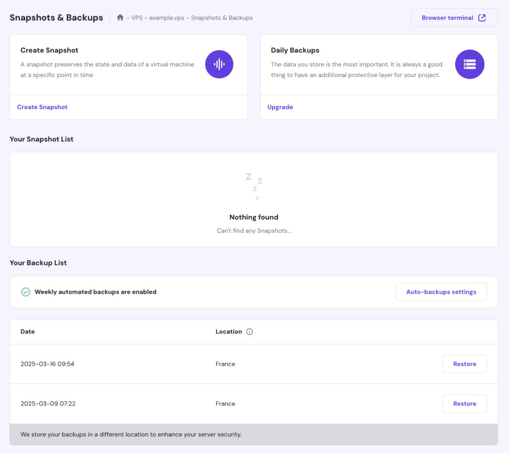 The Snapshots & Backups menu in hPanel's VPS