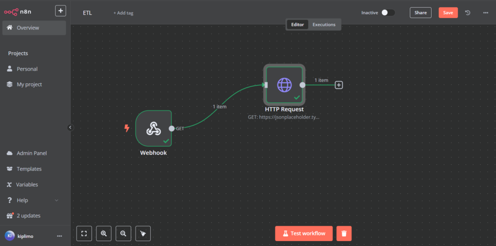 The n8n canvas with the HTTP Request node connected