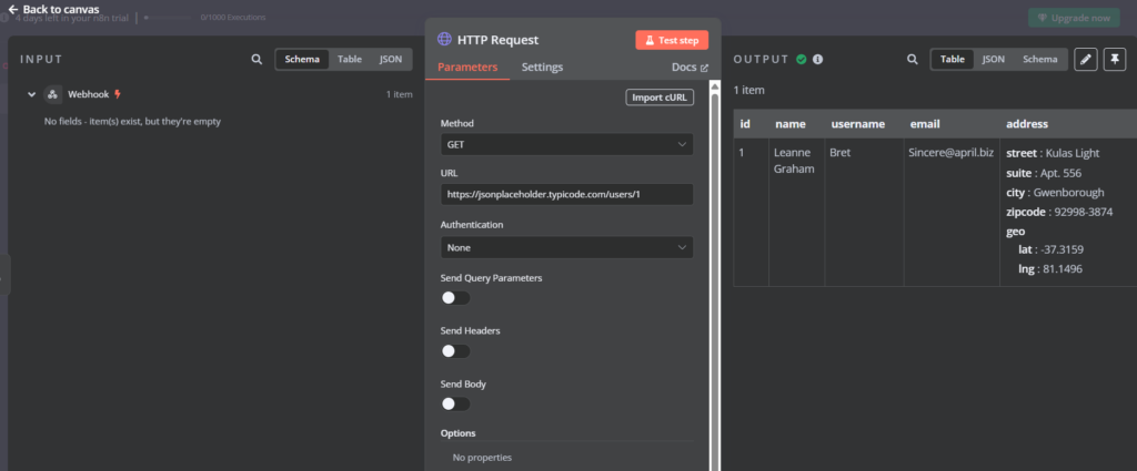 Clicking on the Test Step button to fetch test data