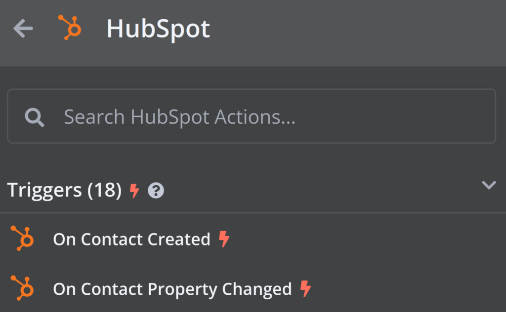 n8n triggers selection showing HubSpot "On Contact Created" and "On Contact Property Changed" options