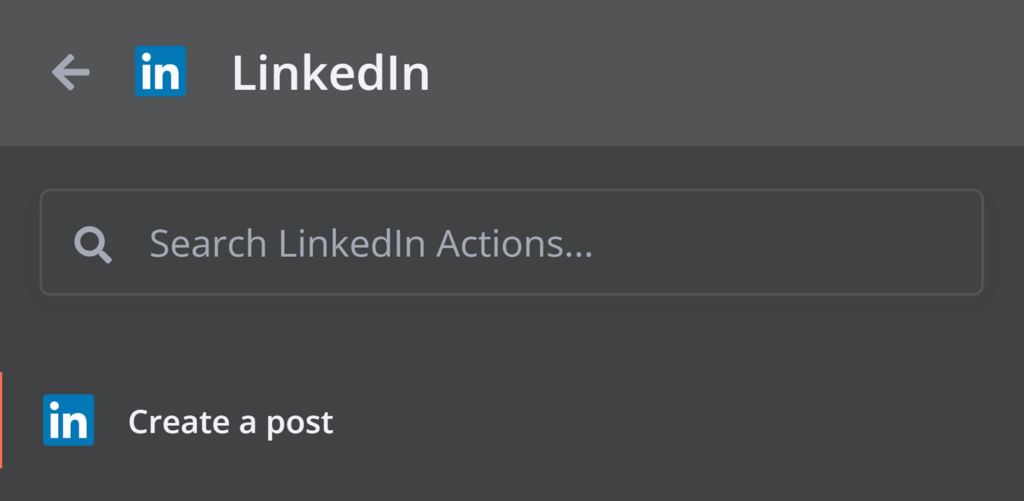 n8n "Action in an app node" menu showing LinkedIn node with 'Create a post" action selected