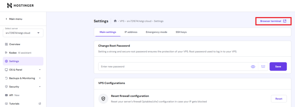 Ubuntu VPS settings view with Browser terminal option highlighted.