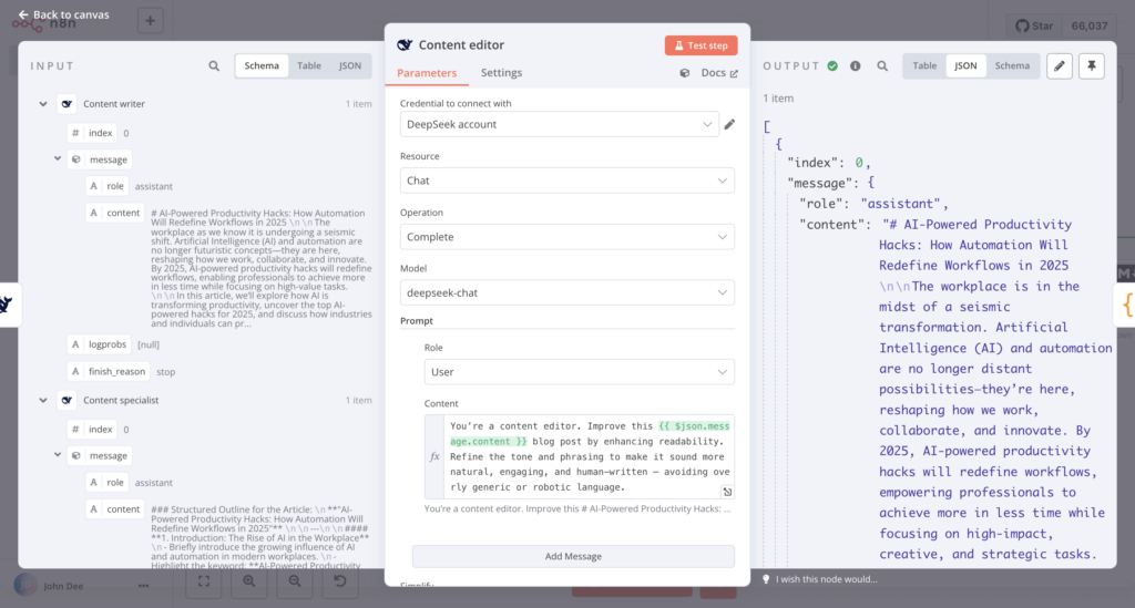 The input, configuration dialog, and output pane of the DeepSeek content editor node in n8n