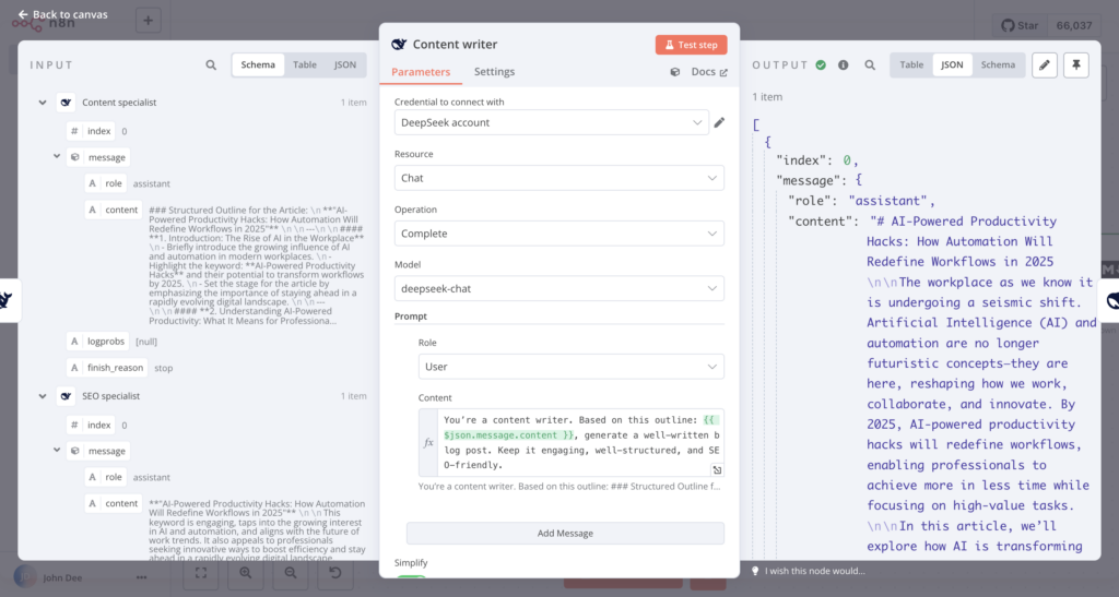 The input, configuration dialog, and output pane of the DeepSeek content writer node in n8n